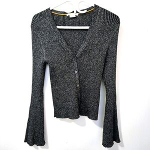 Boden Large Metallic Ribbed Open Flared Sleeve Open Button down Cardigan Sweater